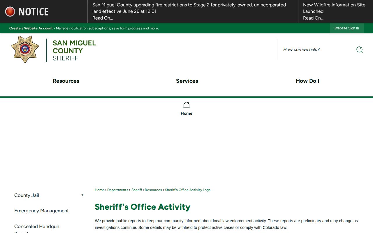 San Miguel County released inmates Activity Logs page with booking and current inmate reports