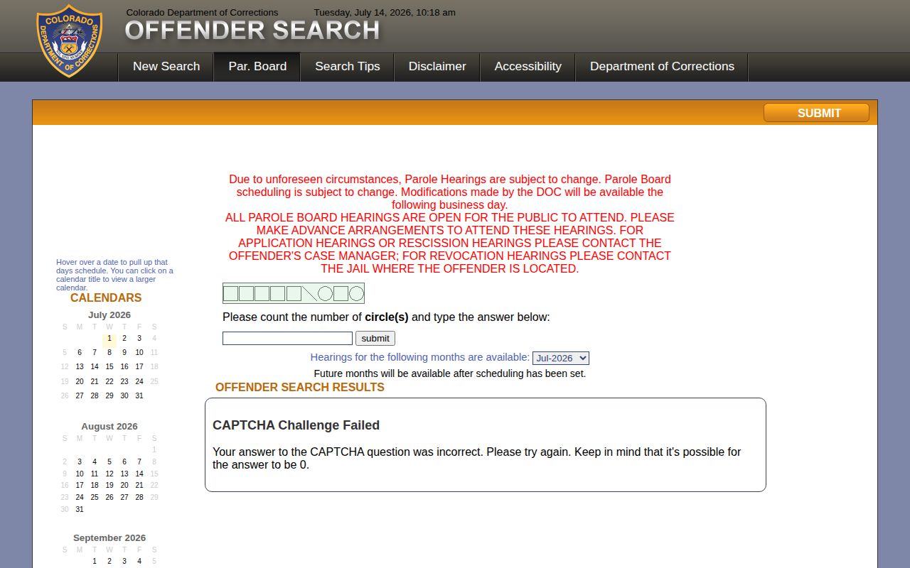 San Miguel County inmate release date CDOC parole board calendar and release scheduling
